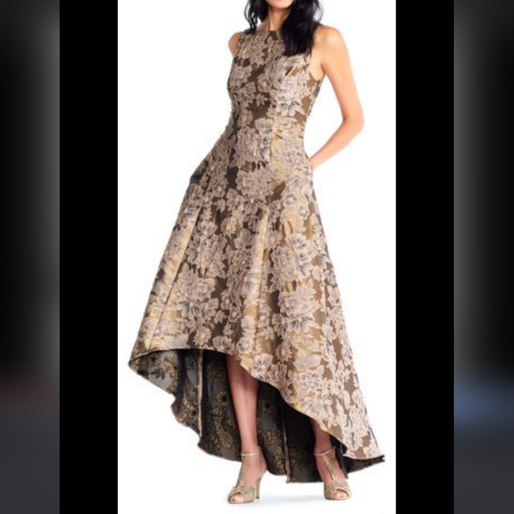 Adrianna Papell High-Low Floral Jacquard Ball Gown, Antique Gold Size 12